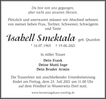 Traueranzeige von Isabell Smektala von Märkische Oderzeitung