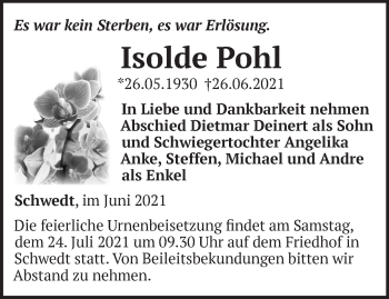 Traueranzeige von Isolde Pohl von Märkische Oderzeitung