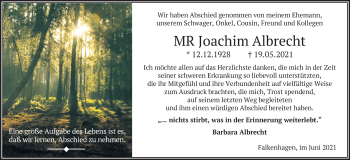 Traueranzeige von Joachim Albrecht von Märkische Oderzeitung