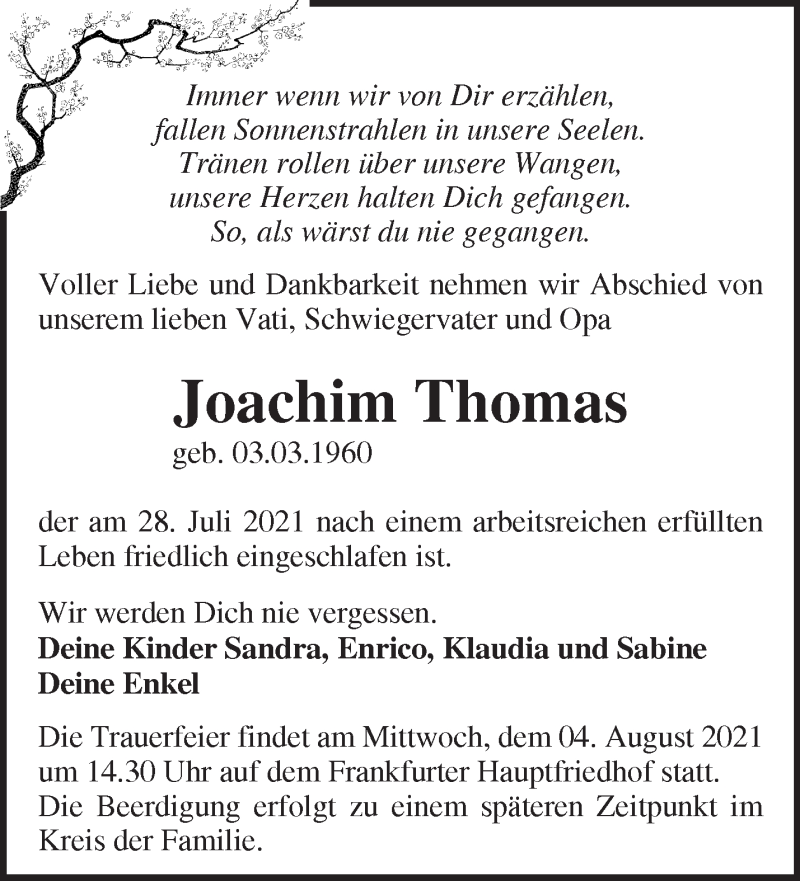  Traueranzeige für Joachim Thomas vom 31.07.2021 aus Märkische Oderzeitung