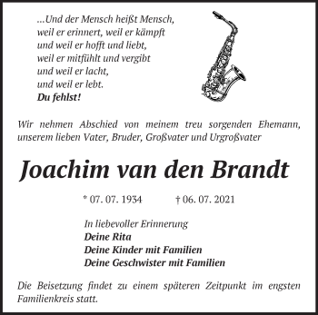 Traueranzeige von Joachim van den Brandt von Märkische Oderzeitung