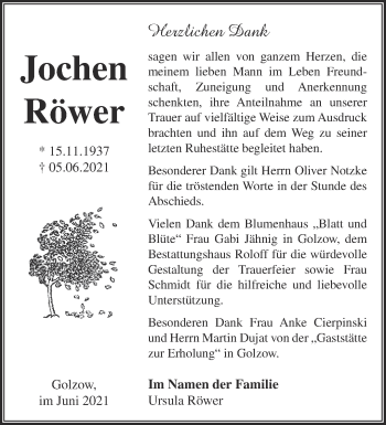 Traueranzeige von Jochen Röwer von Märkische Oderzeitung