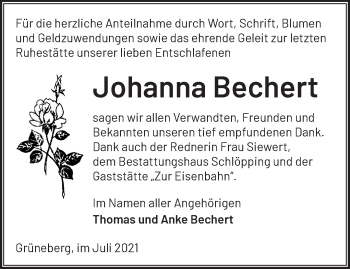 Traueranzeige von Johanna Bechert von Märkische Oderzeitung