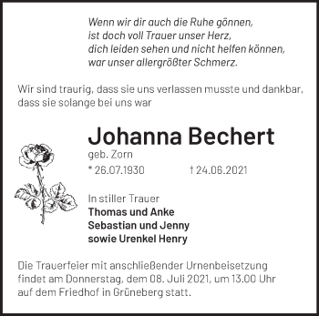 Traueranzeige von Johanna Bechert von Märkische Oderzeitung