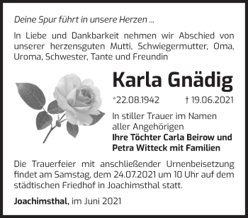 Traueranzeige von Karla Gnädig von Märkische Oderzeitung