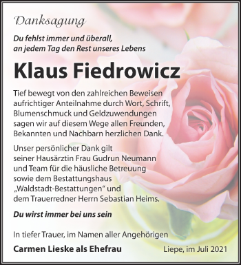 Traueranzeige von Klaus Fiedrowicz von Märkische Oderzeitung