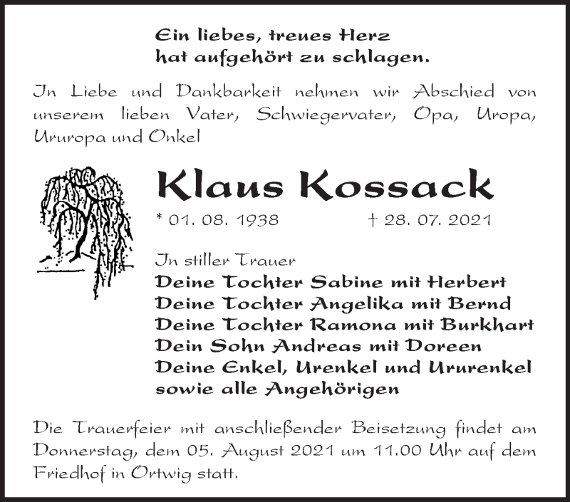  Traueranzeige für Klaus Kossack vom 31.07.2021 aus Märkische Oderzeitung
