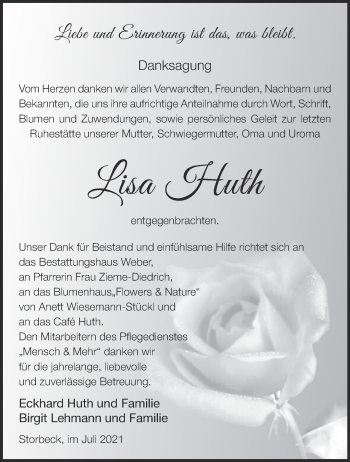 Traueranzeige von Lisa Huth von Märkische Oderzeitung