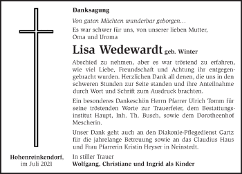 Traueranzeige von Lisa Wedewardt von Märkische Oderzeitung