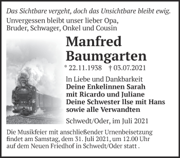 Traueranzeige von Manfred Baumgarten von Märkische Oderzeitung