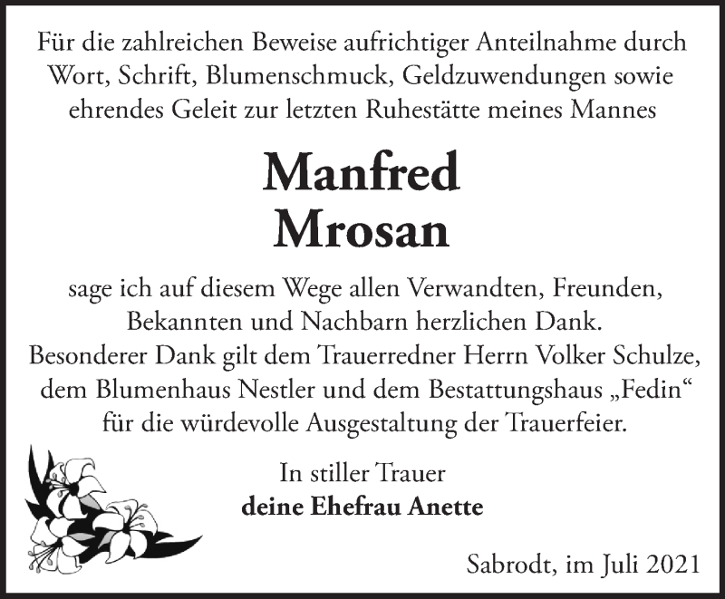  Traueranzeige für Manfred Mrosan vom 10.07.2021 aus Märkische Oderzeitung