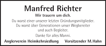 Traueranzeige von Manfred Richter von Märkische Oderzeitung