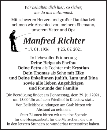 Traueranzeige von Manfred Richter von Märkische Oderzeitung