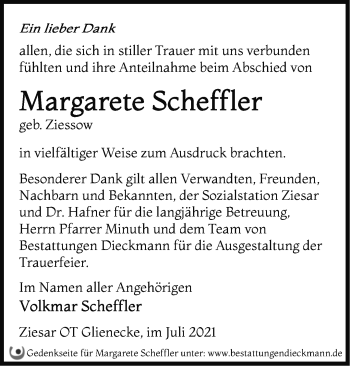 Traueranzeige von Margarete Scheffler von Märkische Oderzeitung