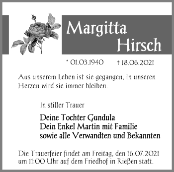 Traueranzeige von Margitta Hirsch von Märkische Oderzeitung