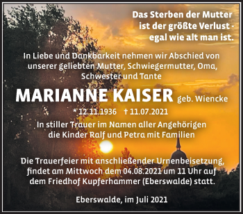 Traueranzeige von Marianne Kaiser von Märkische Oderzeitung