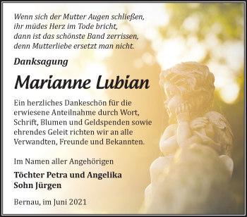 Traueranzeige von Marianne Lubian von Märkische Oderzeitung