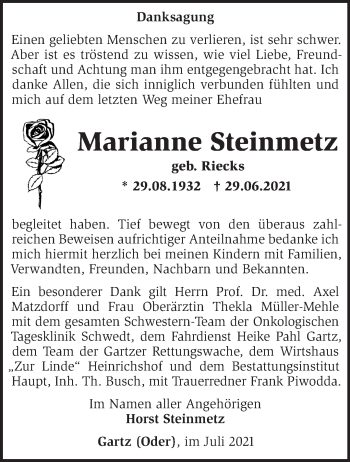 Traueranzeige von Marianne Steinmetz von Märkische Oderzeitung