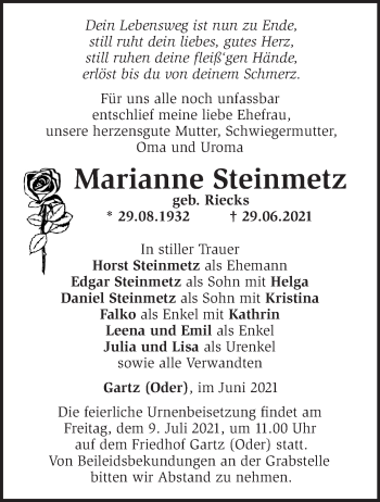 Traueranzeige von Marianne Steinmetz von Märkische Oderzeitung