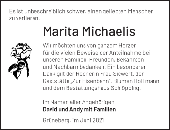 Traueranzeige von Marita Michaelis von Märkische Oderzeitung