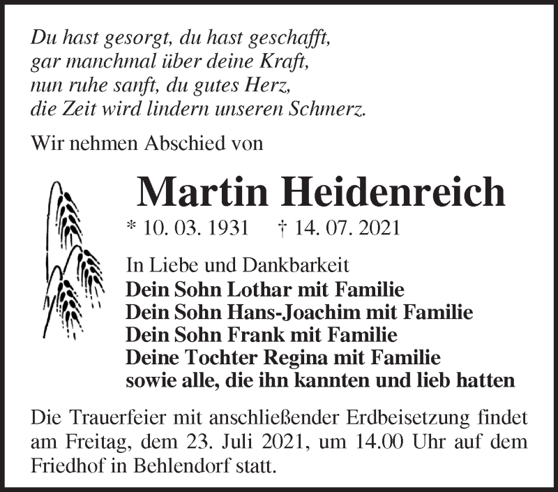  Traueranzeige für Martin Heidenreich vom 21.07.2021 aus Märkische Oderzeitung