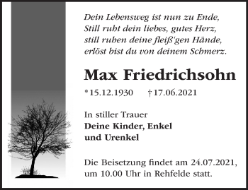 Traueranzeige von Max Friedrichsohn von Märkische Oderzeitung