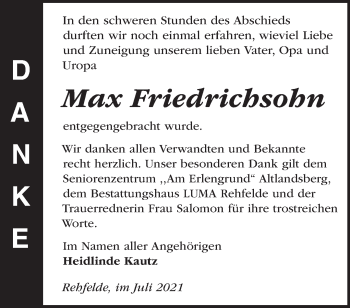 Traueranzeige von Max Friedrichsohn von Märkische Oderzeitung