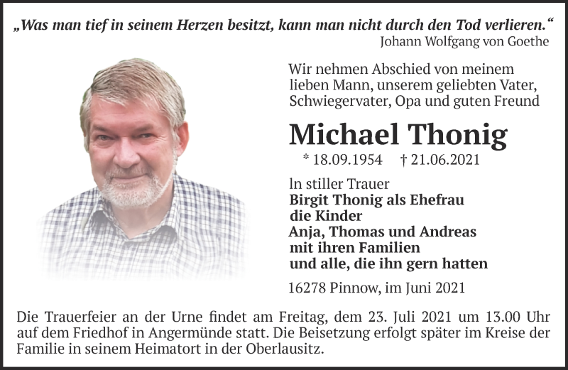  Traueranzeige für Michael Thonig vom 04.07.2021 aus Märkische Oderzeitung