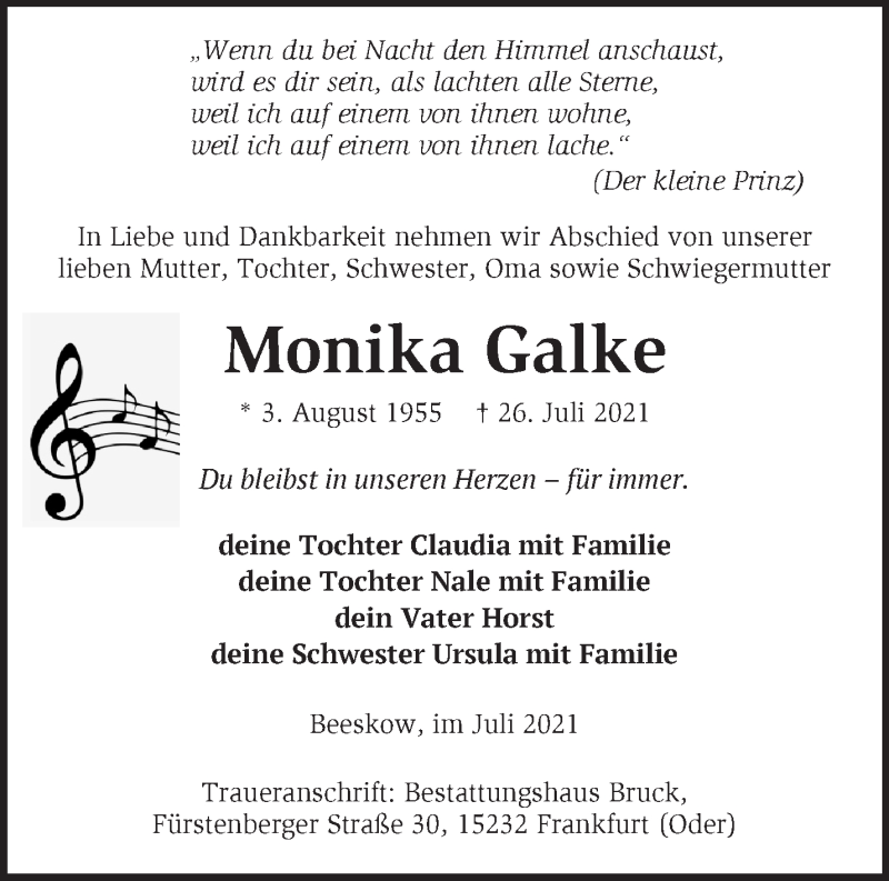  Traueranzeige für Monika Galke vom 31.07.2021 aus Märkische Oderzeitung