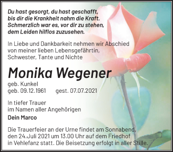 Traueranzeige von Monika Wegener von Märkische Oderzeitung