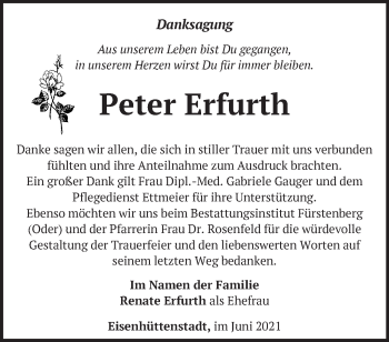 Traueranzeige von Peter Erfurth von Märkische Oderzeitung