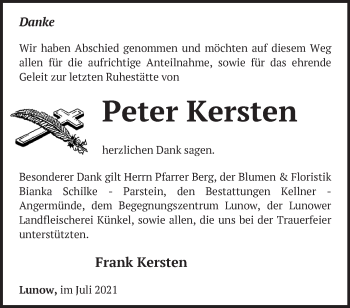 Traueranzeige von Peter Kersten von Märkische Oderzeitung