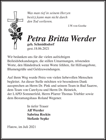 Traueranzeige von Petra Britta Werder von Märkische Oderzeitung