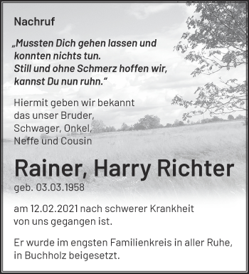 Traueranzeige von Rainer Harry Richter von Märkische Oderzeitung