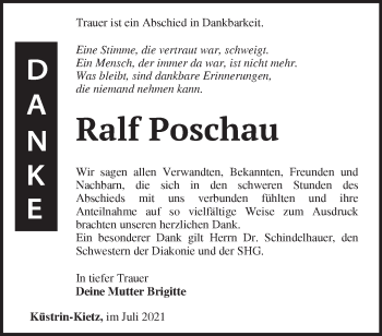 Traueranzeige von Ralf Poschau von Märkische Oderzeitung