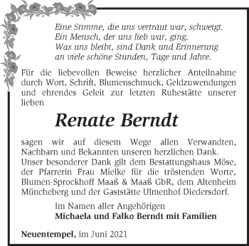 Traueranzeige von Renate Berndt von Märkische Oderzeitung