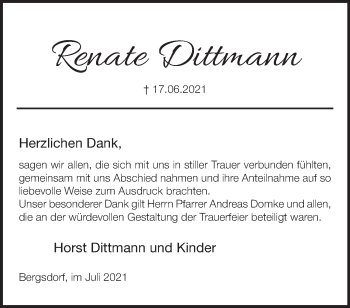 Traueranzeige von Renate Dittmann von Märkische Oderzeitung