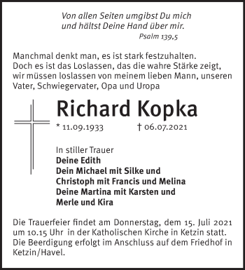 Traueranzeige von Richard Kopka von Märkische Oderzeitung