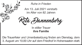 Traueranzeige von Rita Dannenberg von Märkische Oderzeitung