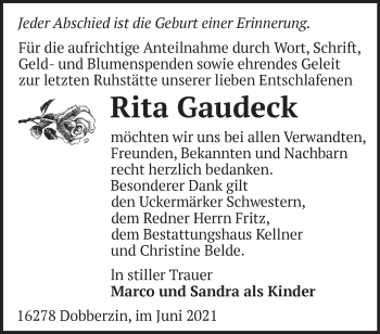 Traueranzeige von Rita Gaudeck von Märkische Oderzeitung