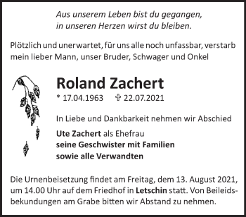 Traueranzeige von Roland Zachert von Märkische Oderzeitung