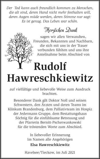 Traueranzeige von Rudolf Hawreschkiewitz von Märkische Oderzeitung