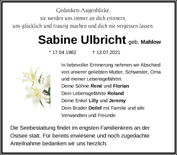 Traueranzeige von Sabine Ulbricht von Märkische Oderzeitung