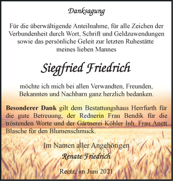 Traueranzeige von Siegfried Friedrich von Märkische Oderzeitung