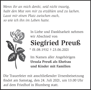 Traueranzeige von Siegfried Preuß von Märkische Oderzeitung