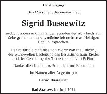 Traueranzeige von Sigrid Bussewitz von Märkische Oderzeitung