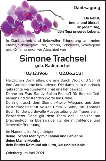 Traueranzeige von Simone Trachsel von Märkische Oderzeitung