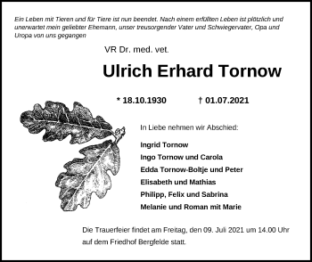 Traueranzeige von Ulrich Erhard Tornow von Märkische Oderzeitung