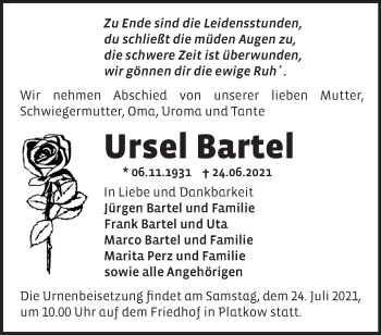 Traueranzeige von Ursel Bartel von Märkische Oderzeitung