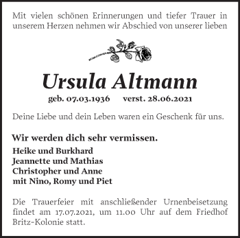 Traueranzeige von Ursula Altmann von Märkische Oderzeitung